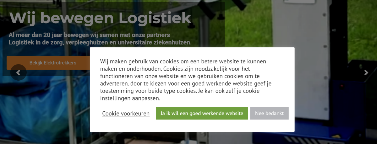 Cookie banner van Mansier Logistiek ingericht met CookieYes